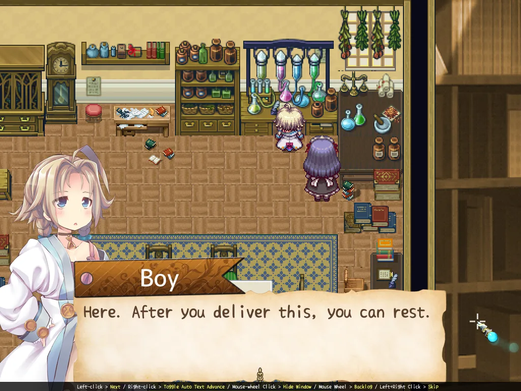 Anasteema Tea Party: workshop scene with an English dialogue line about a delivery