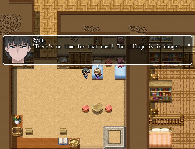 Reijuu Buster: Ryuu warns Setsuna that the village is in danger, English dialogue with his portrait