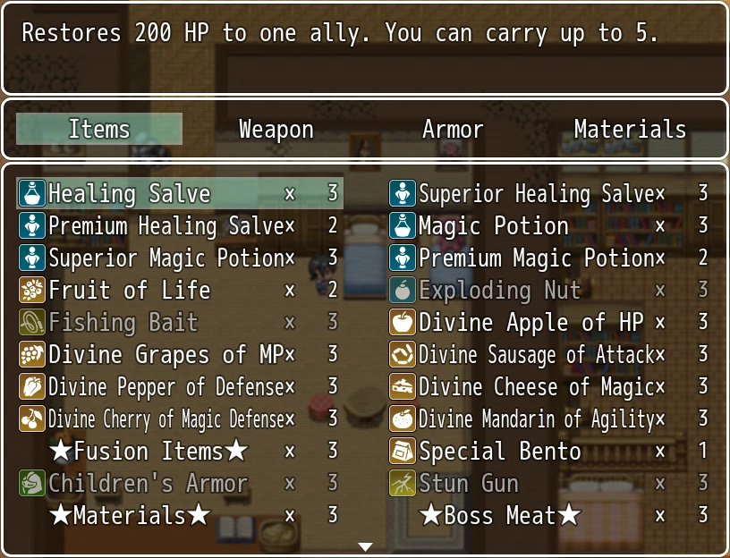 Reijuu Buster: The item menu with English item names and descriptions